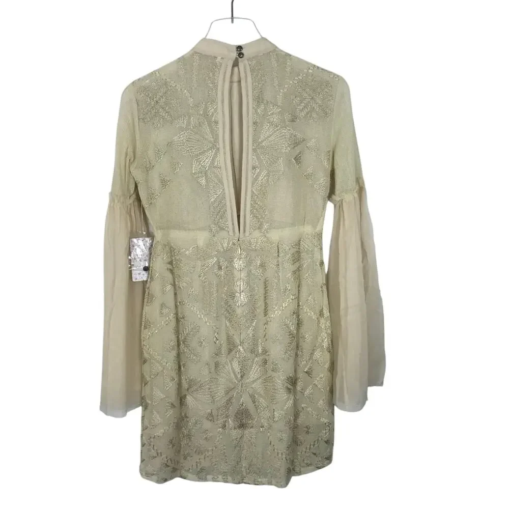 Free People Cleo Embroidered Mini Dress Bell Sleeves Open Back Size 0 NEW